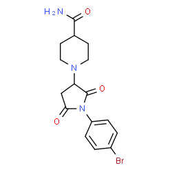 ChemSpider 2D Image | 1-[1-(4-Bromophenyl)-2,5-dioxo-3-pyrrolidinyl]-4-piperidinecarboxamide | C16H18BrN3O3