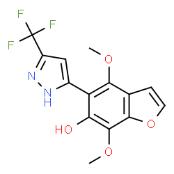 ChemSpider 2D Image | 4,7-Dimethoxy-5-[3-(trifluoromethyl)-1H-pyrazol-5-yl]-1-benzofuran-6-ol | C14H11F3N2O4