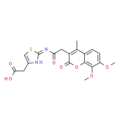 ChemSpider 2D Image | (2-{[(7,8-Dimethoxy-4-methyl-2-oxo-2H-chromen-3-yl)acetyl]amino}-1,3-thiazol-4-yl)acetic acid | C19H18N2O7S