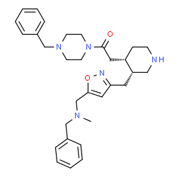 ChemSpider 2D Image | 2-{(3R,4S)-3-[(5-{[Benzyl(methyl)amino]methyl}-1,2-oxazol-3-yl)methyl]-4-piperidinyl}-1-(4-benzyl-1-piperazinyl)ethanone | C31H41N5O2