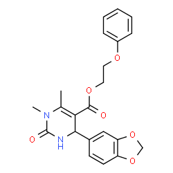 ChemSpider 2D Image | 2-Phenoxyethyl 4-(1,3-benzodioxol-5-yl)-1,6-dimethyl-2-oxo-1,2,3,4-tetrahydro-5-pyrimidinecarboxylate | C22H22N2O6