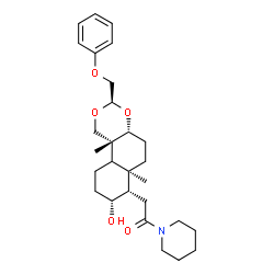 ChemSpider 2D Image | 2-[(3R,4aR,6aR,7S,8R,10bR)-8-Hydroxy-6a,10b-dimethyl-3-(phenoxymethyl)decahydro-1H-naphtho[2,1-d][1,3]dioxin-7-yl]-1-(1-piperidinyl)ethanone | C28H41NO5