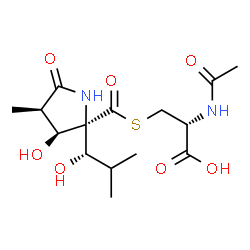 ChemSpider 2D Image | N-Acetyl-S-({(2S,3S,4R)-3-hydroxy-2-[(1S)-1-hydroxy-2-methylpropyl]-4-methyl-5-oxo-2-pyrrolidinyl}carbonyl)-L-cysteine | C15H24N2O7S