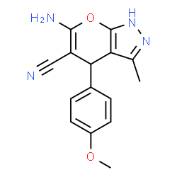 ChemSpider 2D Image | 6-amino-4-(4-methoxyphenyl)-3-methyl-1H,4H-pyrano[2,3-c]pyrazole-5-carbonitrile | C15H14N4O2