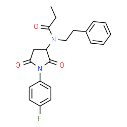 ChemSpider 2D Image | N-[1-(4-Fluorophenyl)-2,5-dioxo-3-pyrrolidinyl]-N-(2-phenylethyl)propanamide | C21H21FN2O3