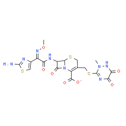ChemSpider 2D Image | 7-{[(2Z)-2-(2-Amino-1,3-thiazol-4-yl)-2-(methoxyimino)acetyl]amino}-3-{[(2-methyl-5,6-dioxo-1,2,5,6-tetrahydro-1,2,4-triazin-3-yl)sulfanyl]methyl}-8-oxo-5-thia-1-azabicyclo[4.2.0]oct-2-ene-2-carboxyla
te | C18H17N8O7S3