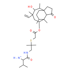 ChemSpider 2D Image | 1-{[2-({2-[(3-Hydroxy-2,4,7,14-tetramethyl-9-oxo-4-vinyltricyclo[5.4.3.0~1,8~]tetradec-6-yl)oxy]-2-oxoethyl}sulfanyl)-2-methylpropyl]amino}-3-methyl-1-oxo-2-butanaminium | C31H53N2O5S