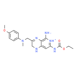 ChemSpider 2D Image | 5-Amino-7-[(ethoxycarbonyl)amino]-3-{[(4-methoxyphenyl)(methyl)amino]methyl}-1,2-dihydropyrido[3,4-b]pyrazin-6-ium | C19H25N6O3