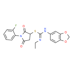 ChemSpider 2D Image | 1-(2-Fluorophenyl)-2,5-dioxo-3-pyrrolidinyl N-1,3-benzodioxol-5-yl-N'-ethylcarbamimidothioate | C20H18FN3O4S