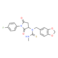 ChemSpider 2D Image | 1-(1,3-Benzodioxol-5-ylmethyl)-1-[1-(4-fluorophenyl)-2,5-dioxo-3-pyrrolidinyl]-3-methylthiourea | C20H18FN3O4S