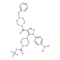 ChemSpider 2D Image | 2-Methyl-2-propanyl 4-{4-[(4-benzyl-1-piperazinyl)carbonyl]-1-(4-nitrophenyl)-1H-pyrazol-5-yl}-1-piperidinecarboxylate | C31H38N6O5