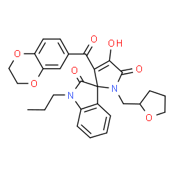 ChemSpider 2D Image | 3'-(2,3-Dihydro-1,4-benzodioxin-6-ylcarbonyl)-4'-hydroxy-1-propyl-1'-(tetrahydro-2-furanylmethyl)spiro[indole-3,2'-pyrrole]-2,5'(1H,1'H)-dione | C28H28N2O7