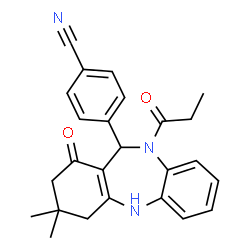 ChemSpider 2D Image | 4-(3,3-Dimethyl-1-oxo-10-propionyl-2,3,4,5,10,11-hexahydro-1H-dibenzo[b,e][1,4]diazepin-11-yl)benzonitrile | C25H25N3O2