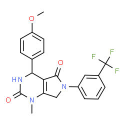 ChemSpider 2D Image | 4-(4-Methoxyphenyl)-1-methyl-6-[3-(trifluoromethyl)phenyl]-3,4,6,7-tetrahydro-1H-pyrrolo[3,4-d]pyrimidine-2,5-dione | C21H18F3N3O3