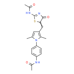 ChemSpider 2D Image | N-[4-[3-[(2-acetamido-4-oxo-5-thiazolylidene)methyl]-2,5-dimethyl-1-pyrrolyl]phenyl]acetamide | C20H20N4O3S