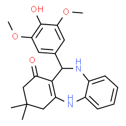 ChemSpider 2D Image | 11-(4-Hydroxy-3,5-dimethoxyphenyl)-3,3-dimethyl-2,3,4,5,10,11-hexahydro-1H-dibenzo[b,e][1,4]diazepin-1-one | C23H26N2O4