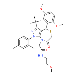 ChemSpider 2D Image | 2-[4-(2,5-Dimethoxyphenyl)-1-(2,4-dimethylphenyl)-3-(2-methyl-2-propanyl)-7-oxo-1,4,6,7-tetrahydro-8H-pyrazolo[3,4-e][1,4]thiazepin-8-yl]-N-(2-methoxyethyl)acetamide | C31H40N4O5S