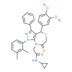 ChemSpider 2D Image | N-Cyclopropyl-2-[4-(3,4-dimethoxyphenyl)-1-(2,3-dimethylphenyl)-7-oxo-3-phenyl-1,4,6,7-tetrahydro-8H-pyrazolo[3,4-e][1,4]thiazepin-8-yl]acetamide | C33H34N4O4S