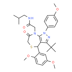 ChemSpider 2D Image | 2-[4-(2,5-Dimethoxyphenyl)-1-(4-methoxyphenyl)-3-(2-methyl-2-propanyl)-7-oxo-1,4,6,7-tetrahydro-8H-pyrazolo[3,4-e][1,4]thiazepin-8-yl]-N-isobutylacetamide | C31H40N4O5S