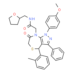 ChemSpider 2D Image | 2-[1-(4-Methoxyphenyl)-4-(2-methylphenyl)-7-oxo-3-phenyl-1,4,6,7-tetrahydro-8H-pyrazolo[3,4-e][1,4]thiazepin-8-yl]-N-(tetrahydro-2-furanylmethyl)acetamide | C33H34N4O4S