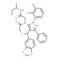 ChemSpider 2D Image | 2-[4-(1,3-Benzodioxol-5-yl)-1-(2,3-dimethylphenyl)-7-oxo-3-phenyl-1,4,6,7-tetrahydro-8H-pyrazolo[3,4-e][1,4]thiazepin-8-yl]-N-sec-butylacetamide | C33H34N4O4S
