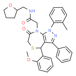ChemSpider 2D Image | 2-[4-(2-Methoxyphenyl)-1-(2-methylphenyl)-7-oxo-3-phenyl-1,4,6,7-tetrahydro-8H-pyrazolo[3,4-e][1,4]thiazepin-8-yl]-N-(tetrahydro-2-furanylmethyl)acetamide | C33H34N4O4S