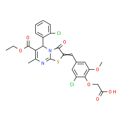 ChemSpider 2D Image | (2-Chloro-4-{[5-(2-chlorophenyl)-6-(ethoxycarbonyl)-7-methyl-3-oxo-5H-[1,3]thiazolo[3,2-a]pyrimidin-2(3H)-ylidene]methyl}-6-methoxyphenoxy)acetic acid | C26H22Cl2N2O7S