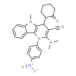 ChemSpider 2D Image | 2-(Dimethylamino)-5-methyl-1-(4-nitrophenyl)-4-(2-oxocyclohexyl)-4,5-dihydro-1H-pyrido[3,2-b]indole-3-carbonitrile | C27H27N5O3