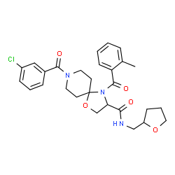 ChemSpider 2D Image | 8-(3-Chlorobenzoyl)-4-(2-methylbenzoyl)-N-(tetrahydro-2-furanylmethyl)-1-oxa-4,8-diazaspiro[4.5]decane-3-carboxamide | C28H32ClN3O5
