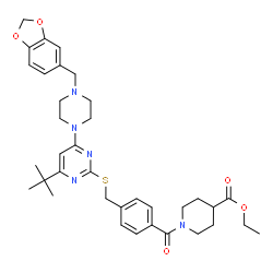ChemSpider 2D Image | Ethyl 1-{4-[({4-[4-(1,3-benzodioxol-5-ylmethyl)-1-piperazinyl]-6-(2-methyl-2-propanyl)-2-pyrimidinyl}sulfanyl)methyl]benzoyl}-4-piperidinecarboxylate | C36H45N5O5S