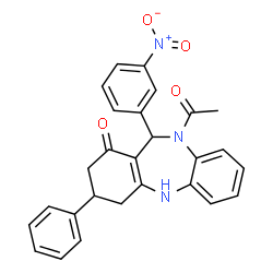 ChemSpider 2D Image | 10-Acetyl-11-(3-nitrophenyl)-3-phenyl-2,3,4,5,10,11-hexahydro-1H-dibenzo[b,e][1,4]diazepin-1-one | C27H23N3O4