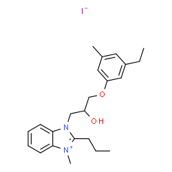 ChemSpider 2D Image | 1-[3-(3-Ethyl-5-methylphenoxy)-2-hydroxypropyl]-3-methyl-2-propyl-1H-benzimidazol-3-ium iodide | C23H31IN2O2