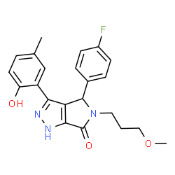 ChemSpider 2D Image | 4-(4-Fluorophenyl)-3-(2-hydroxy-5-methylphenyl)-5-(3-methoxypropyl)-4,5-dihydropyrrolo[3,4-c]pyrazol-6(1H)-one | C22H22FN3O3