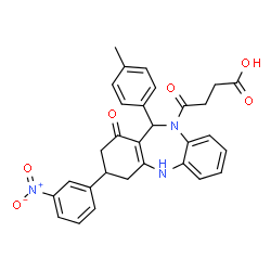 ChemSpider 2D Image | 4-[11-(4-Methylphenyl)-3-(3-nitrophenyl)-1-oxo-1,2,3,4,5,11-hexahydro-10H-dibenzo[b,e][1,4]diazepin-10-yl]-4-oxobutanoic acid | C30H27N3O6