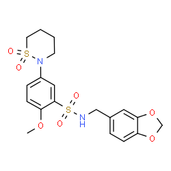 ChemSpider 2D Image | N-(1,3-Benzodioxol-5-ylmethyl)-5-(1,1-dioxido-1,2-thiazinan-2-yl)-2-methoxybenzenesulfonamide | C19H22N2O7S2