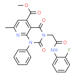 ChemSpider 2D Image | Methyl 3-{2-[(2-fluorophenyl)amino]-2-oxoethyl}-7-methyl-2,4-dioxo-1-phenyl-1,2,3,4-tetrahydropyrido[2,3-d]pyrimidine-5-carboxylate | C24H19FN4O5