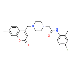 ChemSpider 2D Image | N-(4-Fluoro-2-methylphenyl)-2-{4-[(7-methyl-2-oxo-2H-chromen-4-yl)methyl]-1-piperazinyl}acetamide | C24H26FN3O3