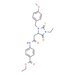 ChemSpider 2D Image | Ethyl 4-({[1-ethyl-3-(4-methoxybenzyl)-5-oxo-2-thioxo-4-imidazolidinyl]acetyl}amino)benzoate | C24H27N3O5S
