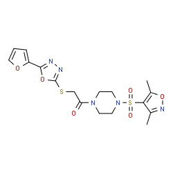 ChemSpider 2D Image | 1-{4-[(3,5-Dimethyl-1,2-oxazol-4-yl)sulfonyl]-1-piperazinyl}-2-{[5-(2-furyl)-1,3,4-oxadiazol-2-yl]sulfanyl}ethanone | C17H19N5O6S2
