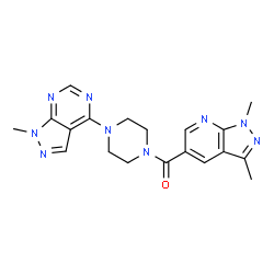 ChemSpider 2D Image | (1,3-Dimethyl-1H-pyrazolo[3,4-b]pyridin-5-yl)[4-(1-methyl-1H-pyrazolo[3,4-d]pyrimidin-4-yl)-1-piperazinyl]methanone | C19H21N9O