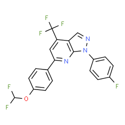 ChemSpider 2D Image | 6-[4-(Difluoromethoxy)phenyl]-1-(4-fluorophenyl)-4-(trifluoromethyl)-1H-pyrazolo[3,4-b]pyridine | C20H11F6N3O