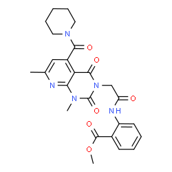 ChemSpider 2D Image | Methyl 2-({[1,7-dimethyl-2,4-dioxo-5-(1-piperidinylcarbonyl)-1,4-dihydropyrido[2,3-d]pyrimidin-3(2H)-yl]acetyl}amino)benzoate | C25H27N5O6