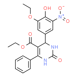 ChemSpider 2D Image | Ethyl 4-(3-ethoxy-4-hydroxy-5-nitrophenyl)-2-oxo-6-phenyl-1,2,3,4-tetrahydro-5-pyrimidinecarboxylate | C21H21N3O7