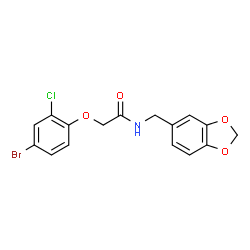 ChemSpider 2D Image | N-(1,3-Benzodioxol-5-ylmethyl)-2-(4-bromo-2-chlorophenoxy)acetamide | C16H13BrClNO4
