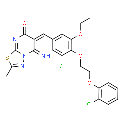 ChemSpider 2D Image | (6E)-6-{3-Chloro-4-[2-(2-chlorophenoxy)ethoxy]-5-ethoxybenzylidene}-5-imino-2-methyl-5,6-dihydro-7H-[1,3,4]thiadiazolo[3,2-a]pyrimidin-7-one | C23H20Cl2N4O4S