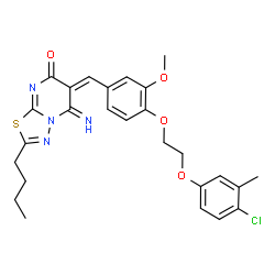 ChemSpider 2D Image | (6E)-2-Butyl-6-{4-[2-(4-chloro-3-methylphenoxy)ethoxy]-3-methoxybenzylidene}-5-imino-5,6-dihydro-7H-[1,3,4]thiadiazolo[3,2-a]pyrimidin-7-one | C26H27ClN4O4S