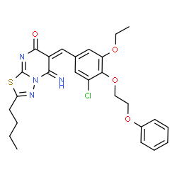 ChemSpider 2D Image | (6E)-2-Butyl-6-[3-chloro-5-ethoxy-4-(2-phenoxyethoxy)benzylidene]-5-imino-5,6-dihydro-7H-[1,3,4]thiadiazolo[3,2-a]pyrimidin-7-one | C26H27ClN4O4S