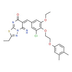 ChemSpider 2D Image | (6E)-6-{3-Chloro-4-[2-(3,4-dimethylphenoxy)ethoxy]-5-ethoxybenzylidene}-2-ethyl-5-imino-5,6-dihydro-7H-[1,3,4]thiadiazolo[3,2-a]pyrimidin-7-one | C26H27ClN4O4S