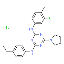 ChemSpider 2D Image | N-(3-Chloro-4-methylphenyl)-N'-(4-ethylphenyl)-6-(1-pyrrolidinyl)-1,3,5-triazine-2,4-diamine hydrochloride (1:1) | C22H26Cl2N6