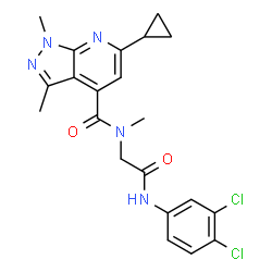 ChemSpider 2D Image | 6-Cyclopropyl-N-{2-[(3,4-dichlorophenyl)amino]-2-oxoethyl}-N,1,3-trimethyl-1H-pyrazolo[3,4-b]pyridine-4-carboxamide | C21H21Cl2N5O2
